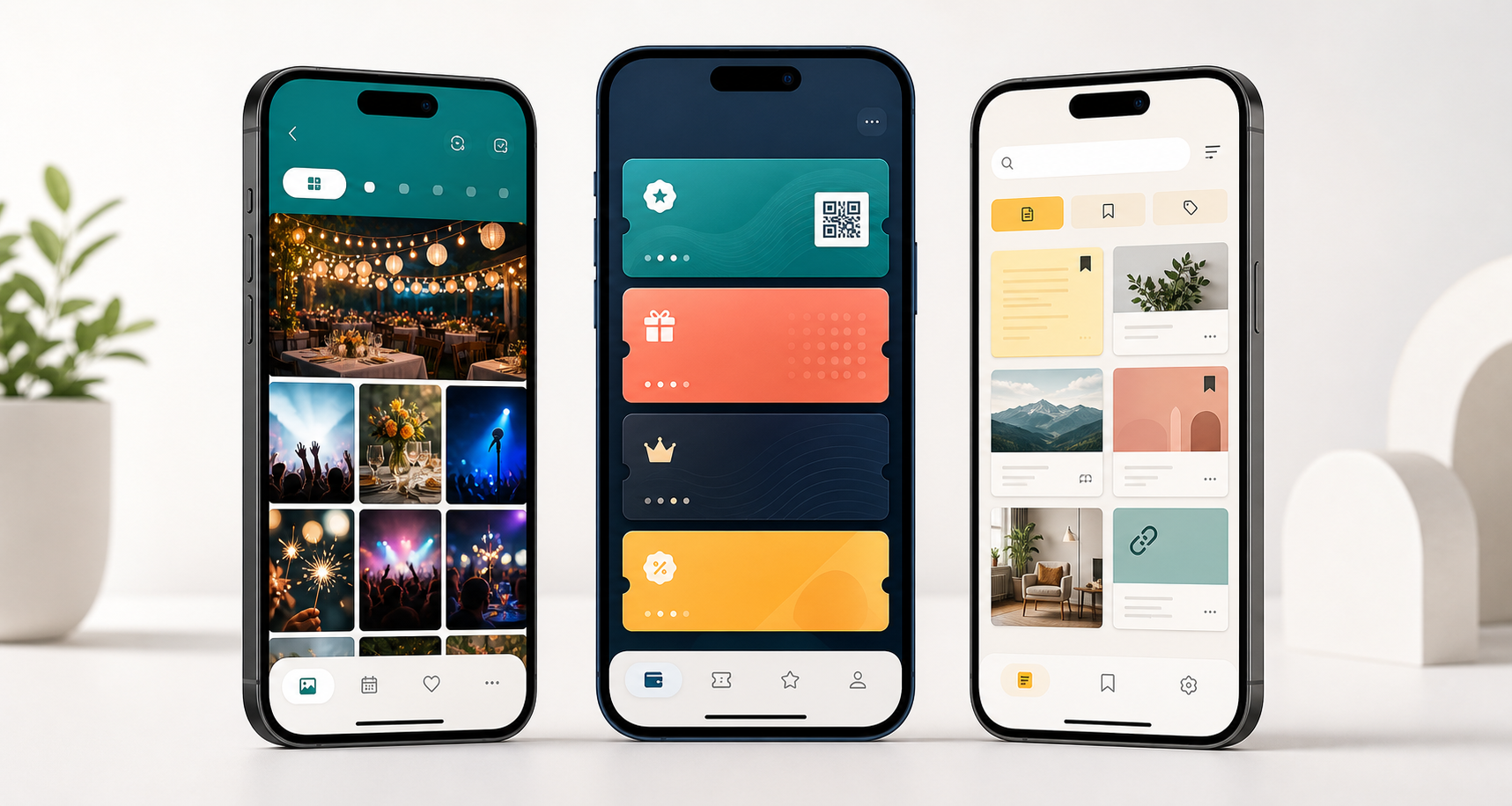 Three modern mobile app previews representing event photos, loyalty wallets, and notes with bookmarks.